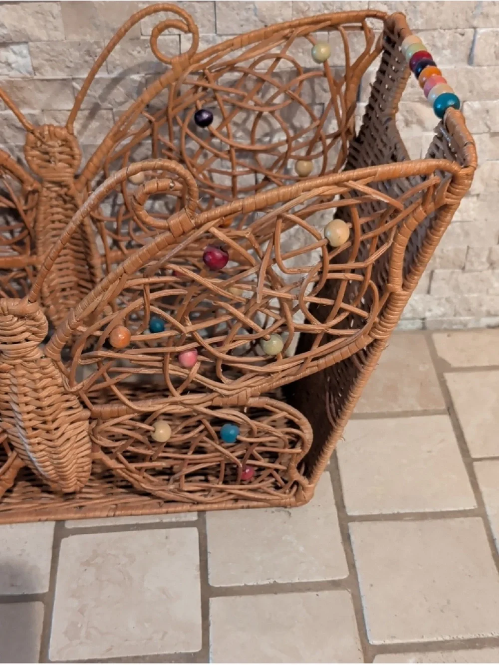 VTG Rare Wood Rattan Bamboo Butterfly Beaded Magazine Rack Holder MCM BOHO